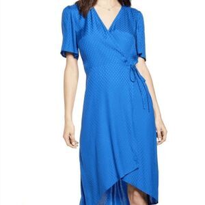 Leith Satin Dot high low Wrap Midi Dress Royal Blue Pintuck Sleeve Size XS‎